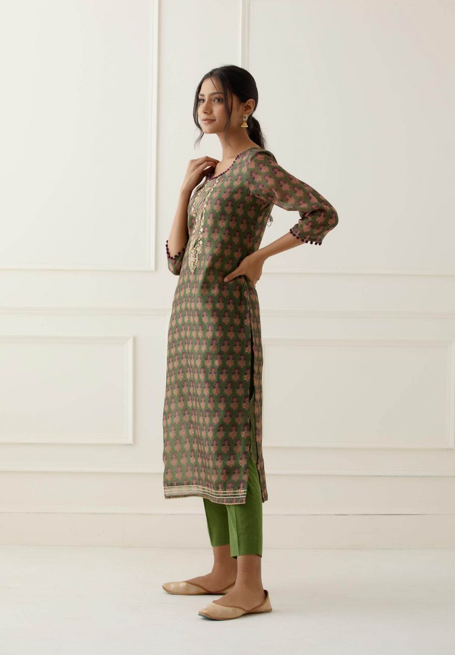 Green Jaipuri Print Chanderi Suit Set