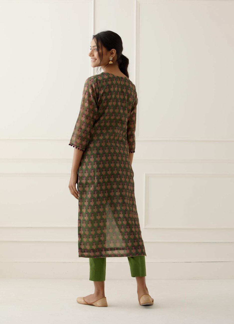 Green Jaipuri Print Chanderi Suit Set
