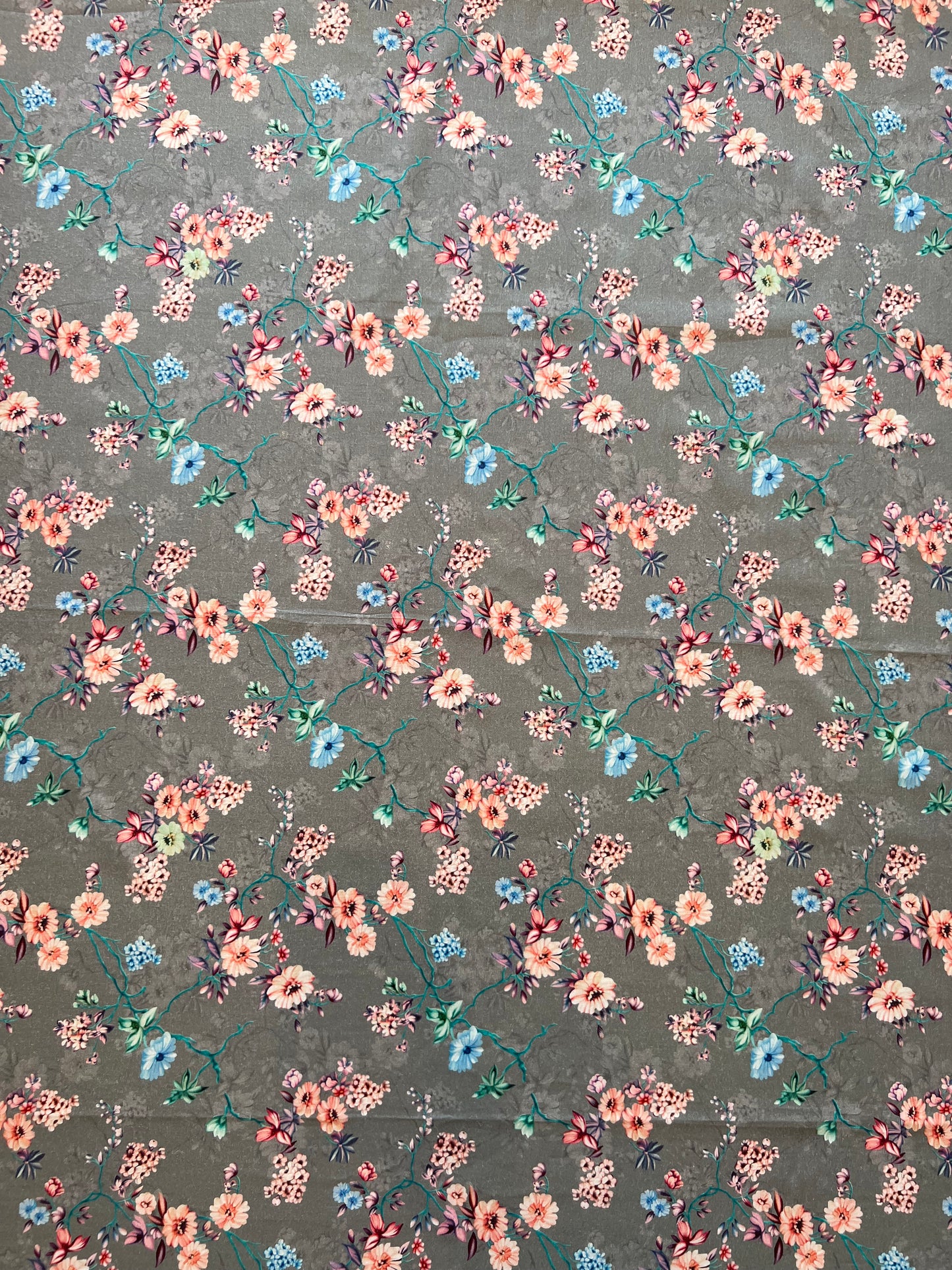 Grey Mercerized Cotton Floral Print Fabric