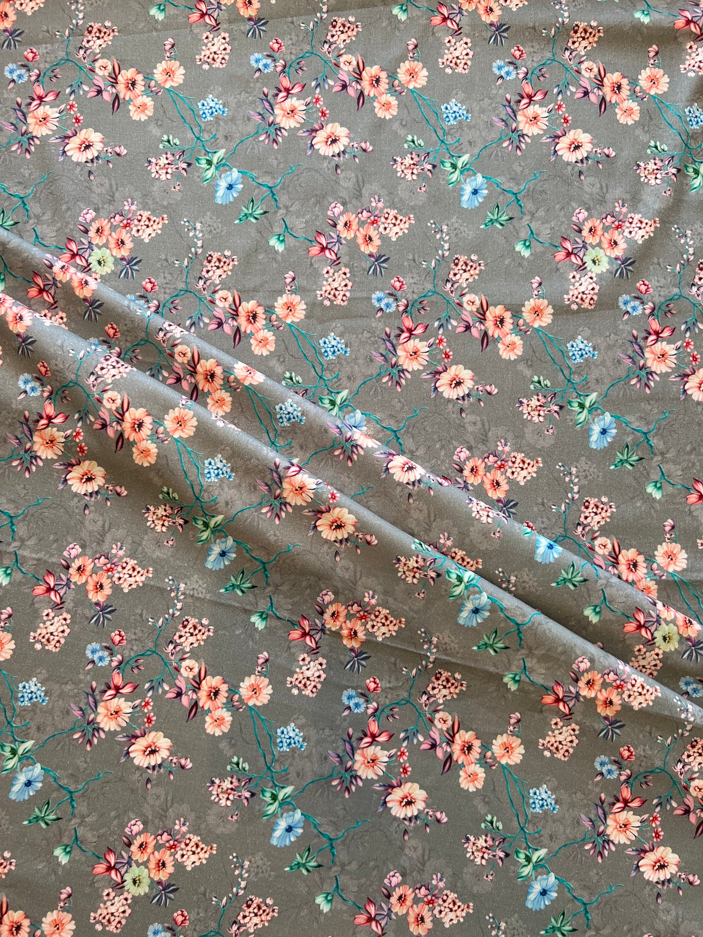 Grey Mercerized Cotton Floral Print Fabric