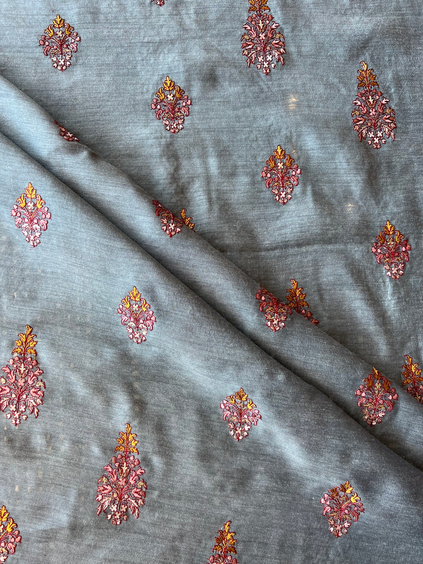 Grey Munga Silk Embroidered Fabric