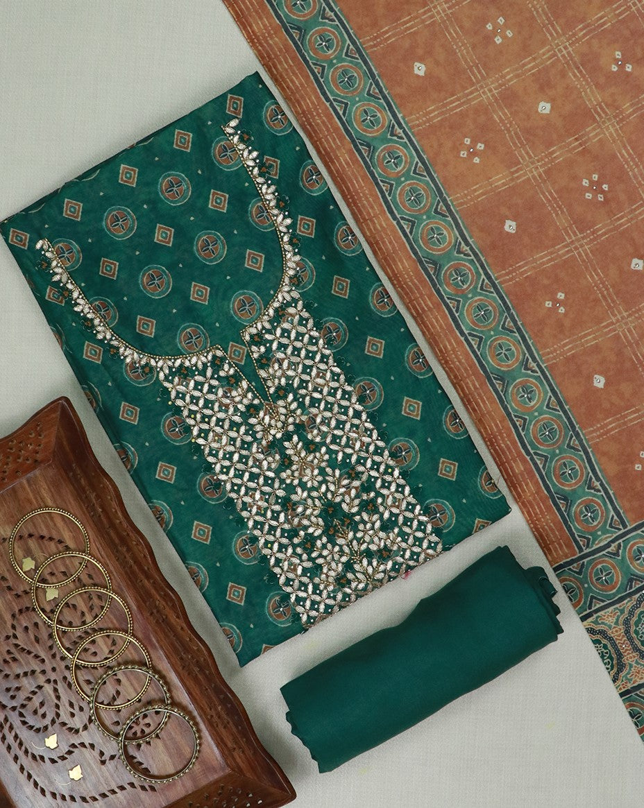 Rama Green Gota Work Suit Set with contrast Bhandani Dupatta