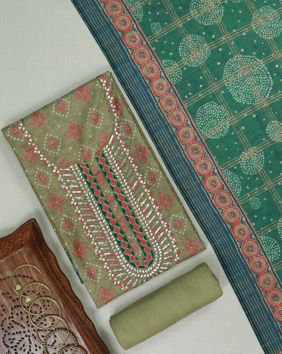 Lime Sequence and Gota Work Suit Set with contrast Bhandani Dupatta