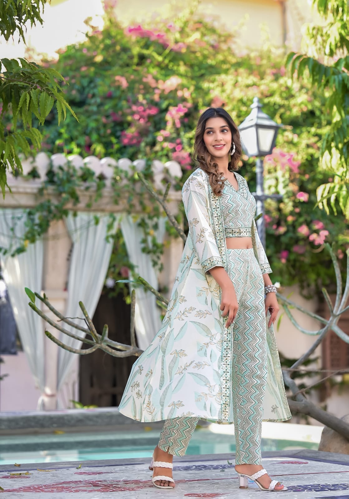 Green Cotton Summer Wear Indo Western Set