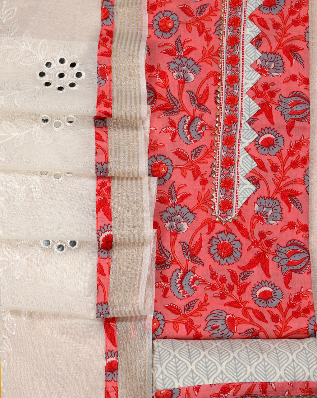 Peach Block Printed Cotton Suit with Embroidred Mirror Work Dupatta