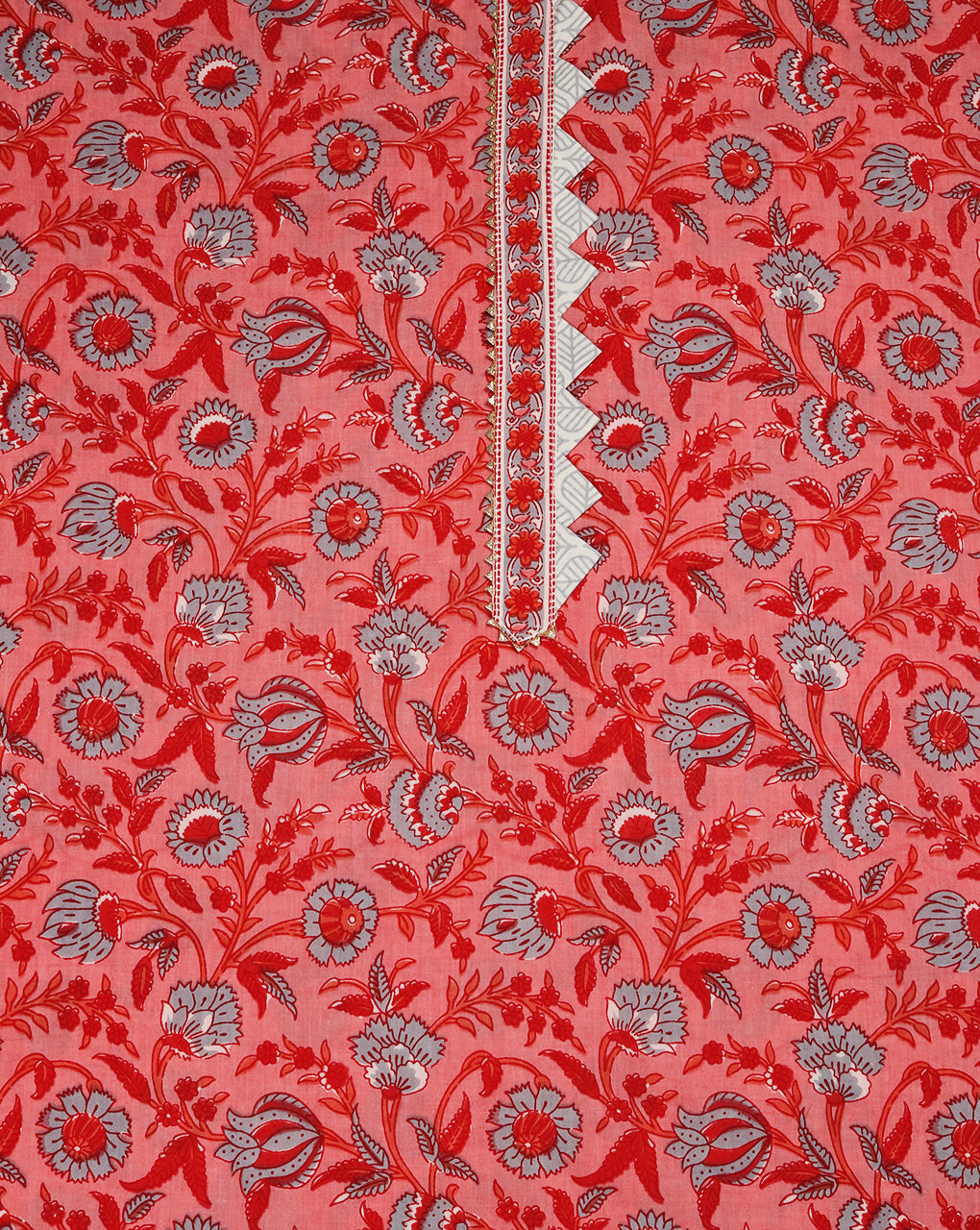 Peach Block Printed Cotton Suit with Embroidred Mirror Work Dupatta