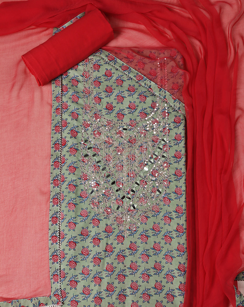 Green Mirror Work Cotton Suit with Chiffon Shaded Dupatta