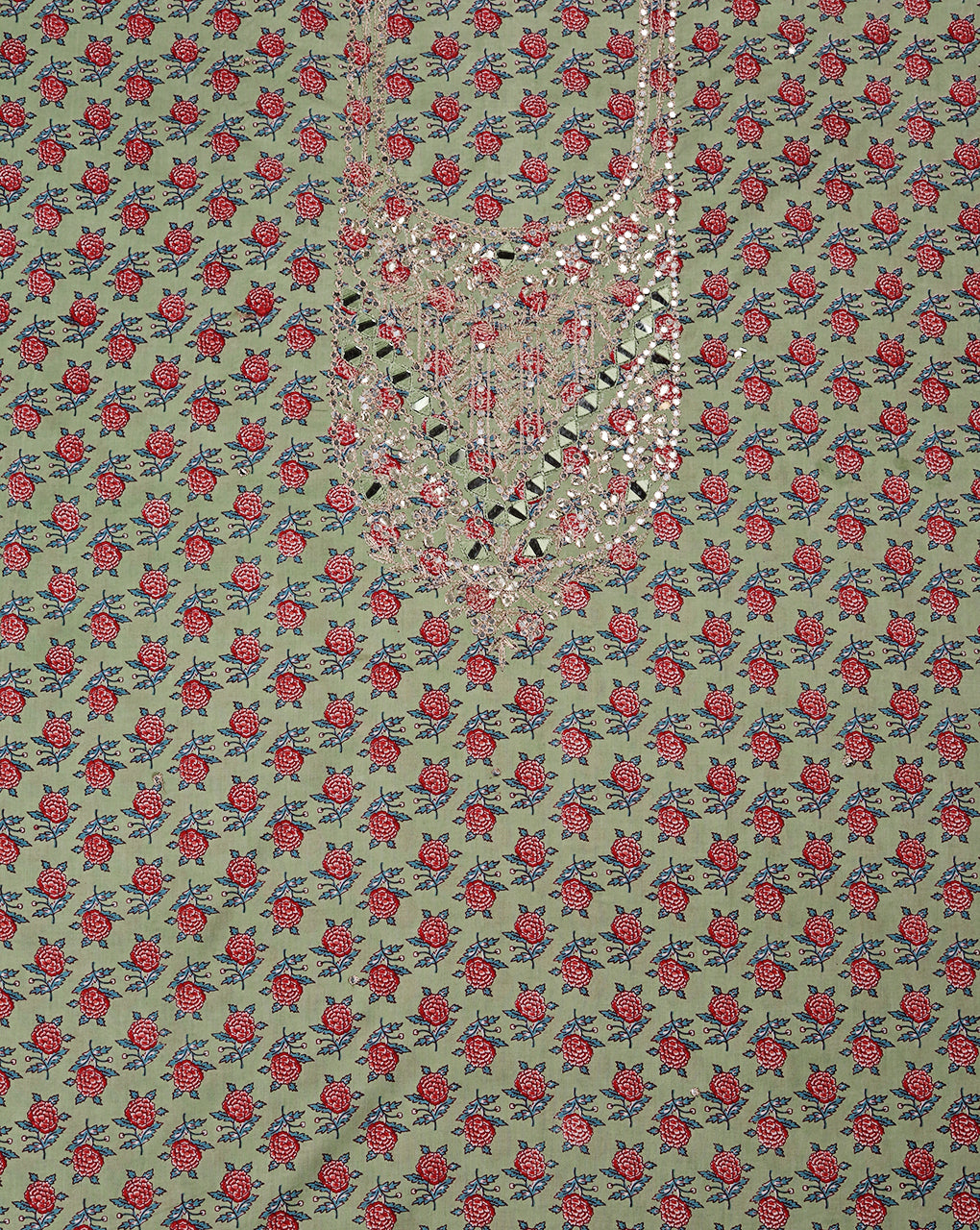 Green Mirror Work Cotton Suit with Chiffon Shaded Dupatta