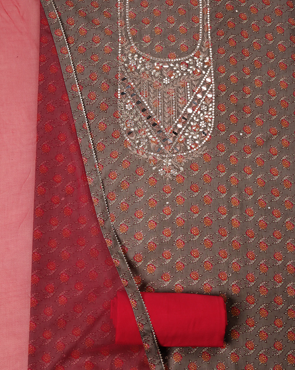 Grey Mirror Work Cotton Suit with Chiffon Shaded Dupatta