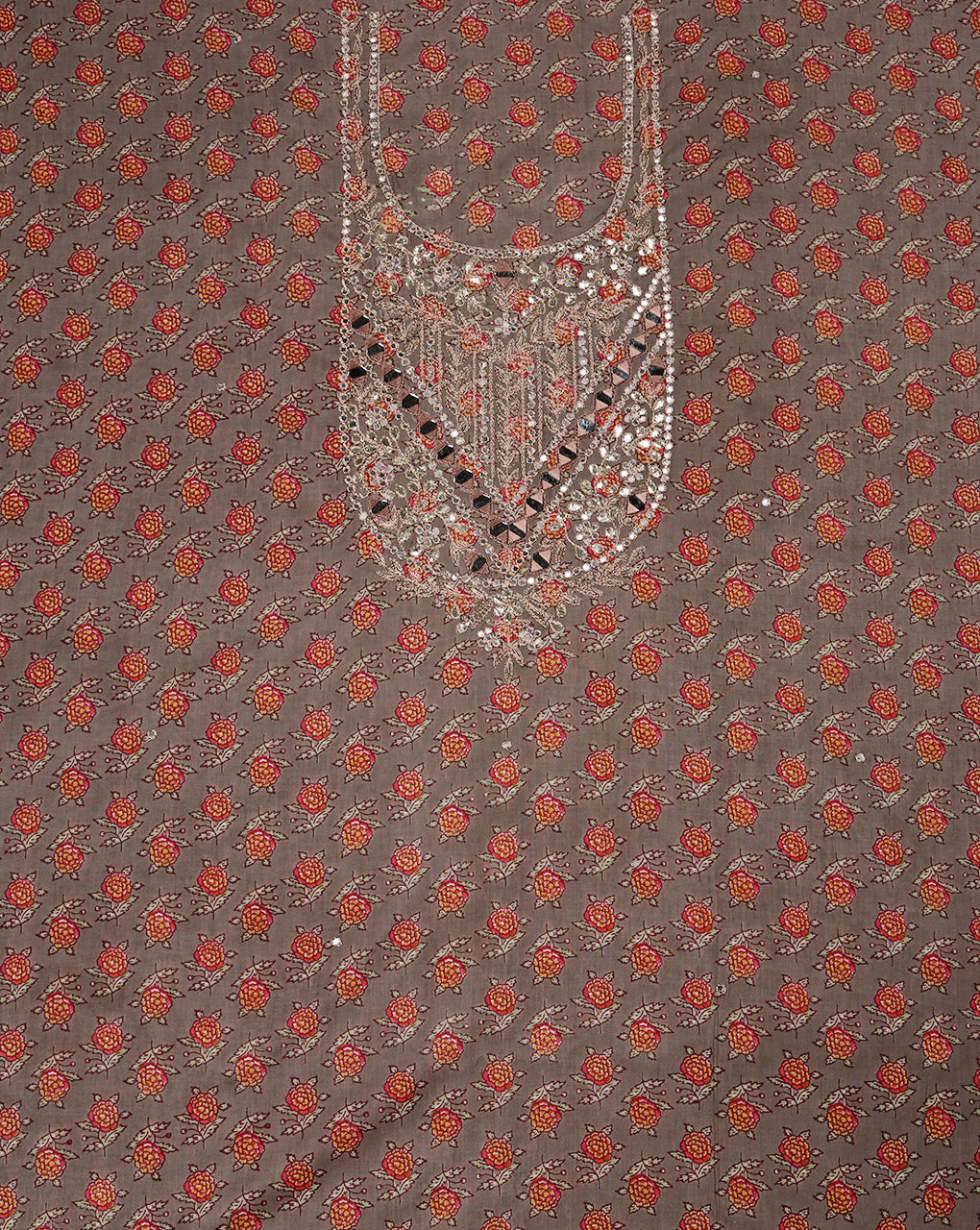 Grey Mirror Work Cotton Suit with Chiffon Shaded Dupatta