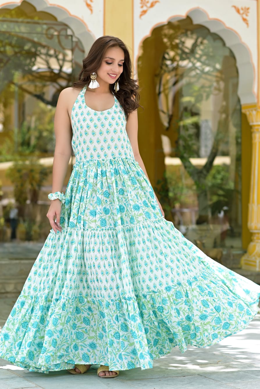 Halterneck Floral Print Cotton Dress