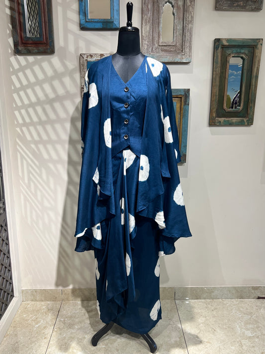 Blue Tie and Dye Pleated Skirt and Cape Indo Western
