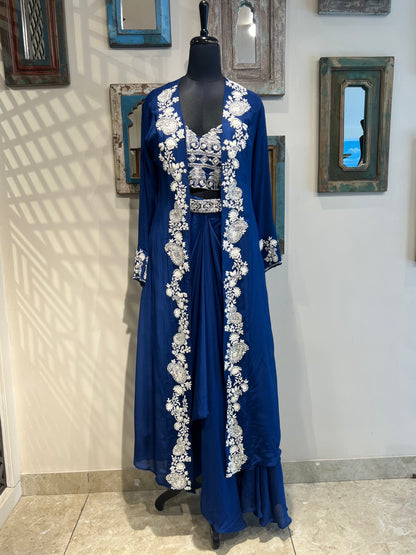 Ink Blue Pleated Skirt with Hand Work Crop Top and Jacket