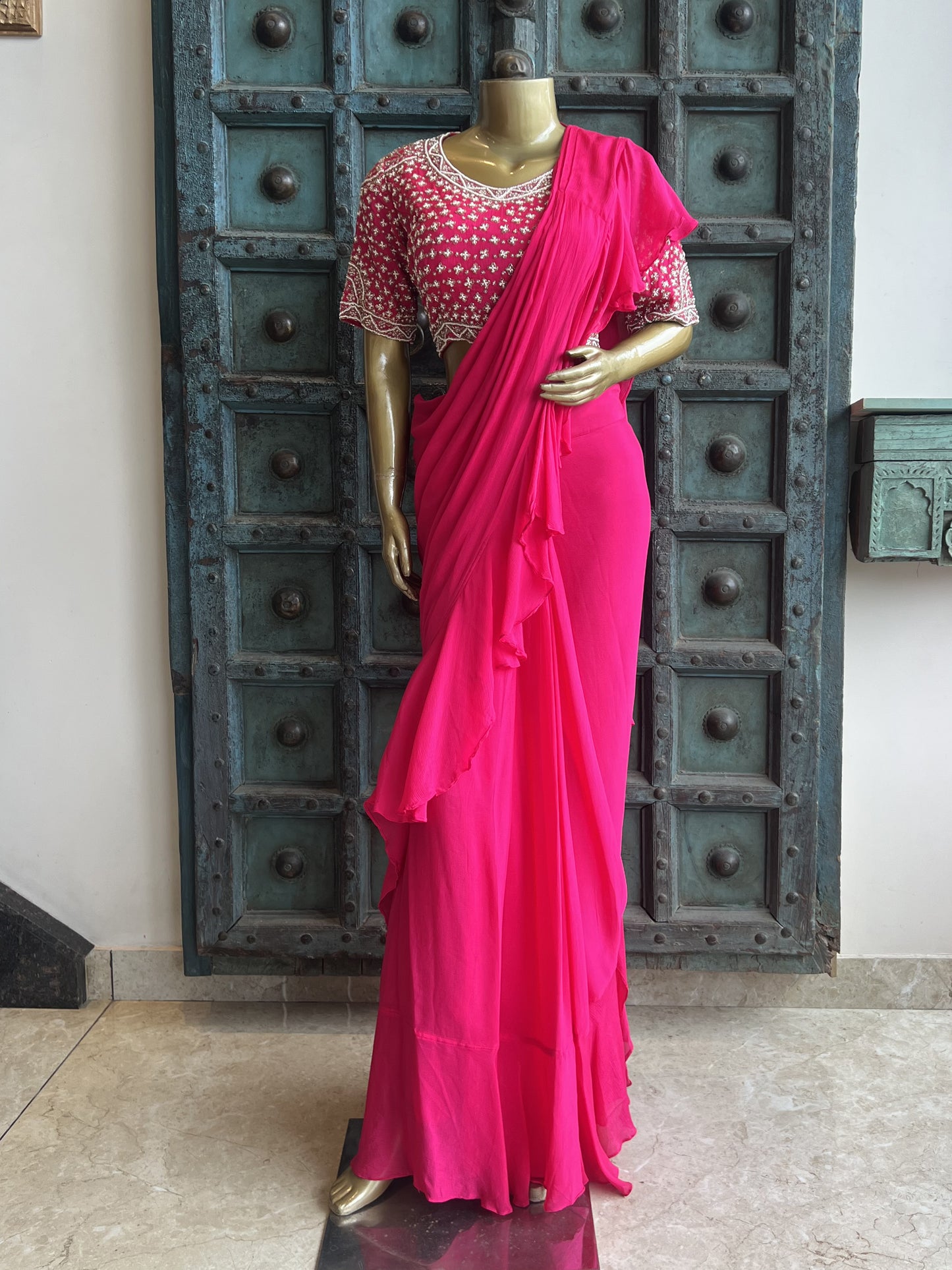 Rani Pink Drape Saree with Pearl Work Blouse