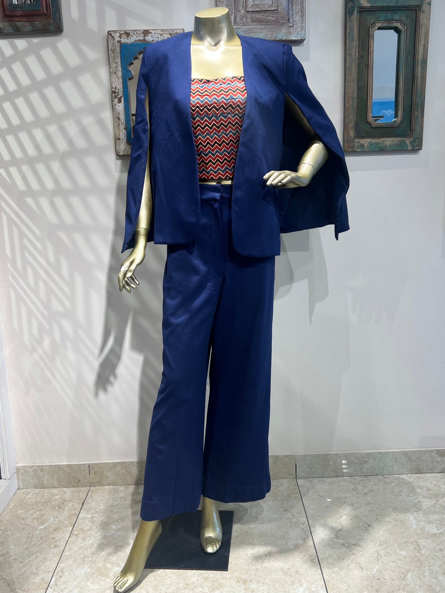 Blue Pant Suit Set with Ajrakh Print Crop Top