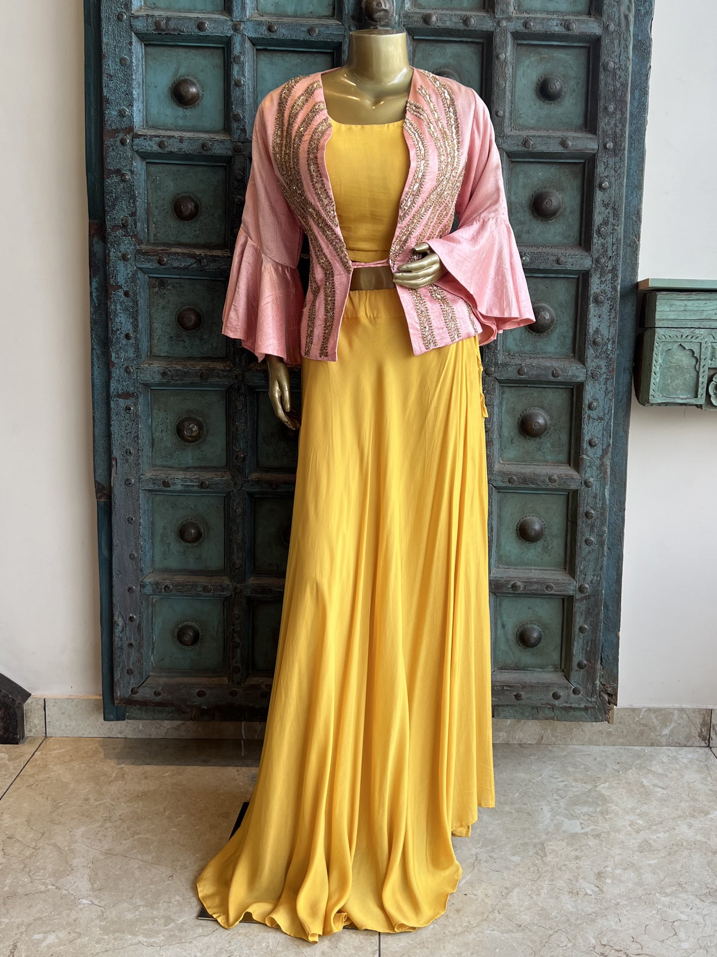 Crepe Skirt and Crop Top with Peach Handwork Jacket