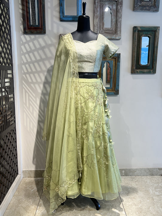 Green Hand Work Lehanga