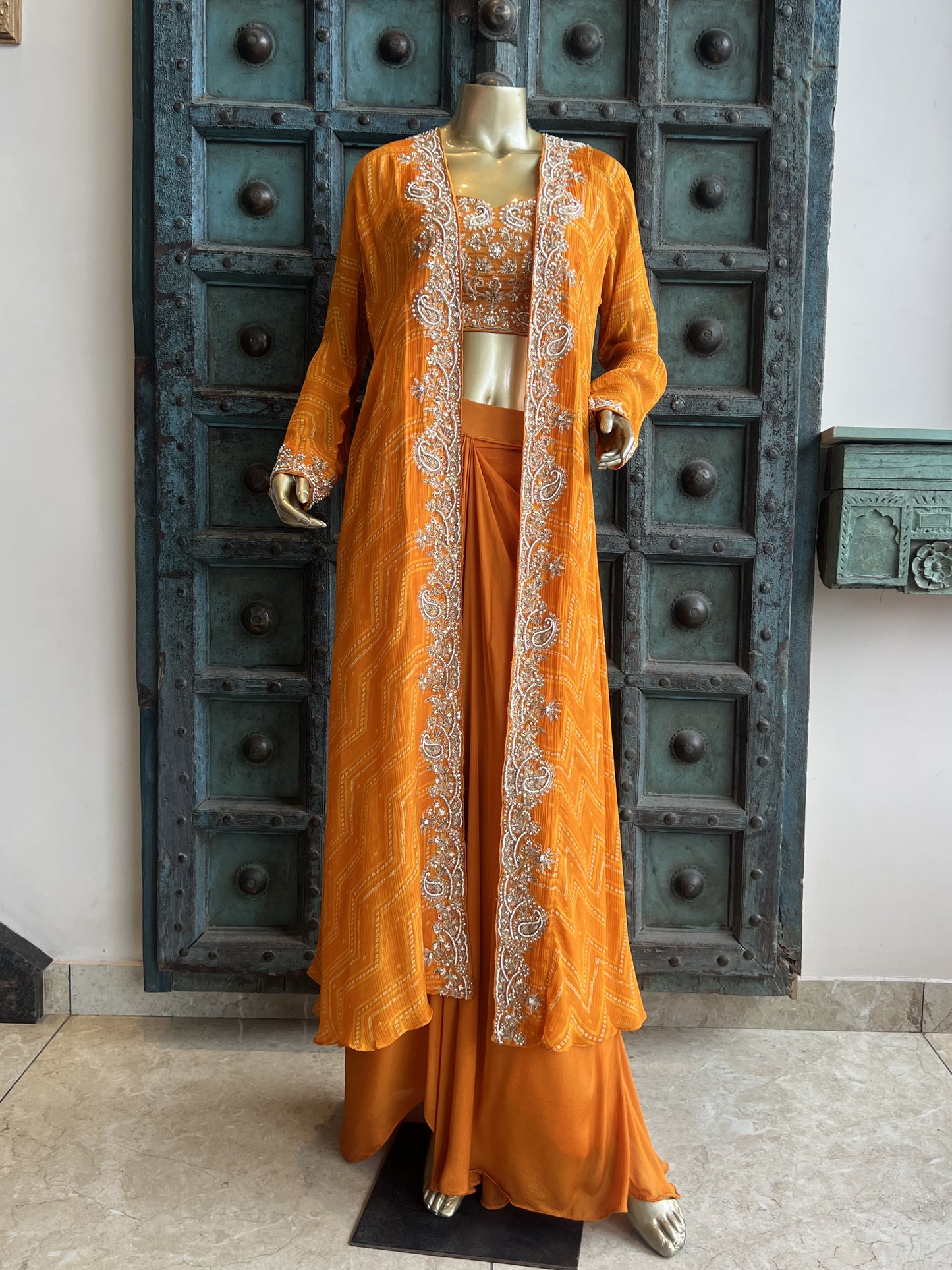 Kesari Pleated Skirt with Hand Work Crop Top and Jacket
