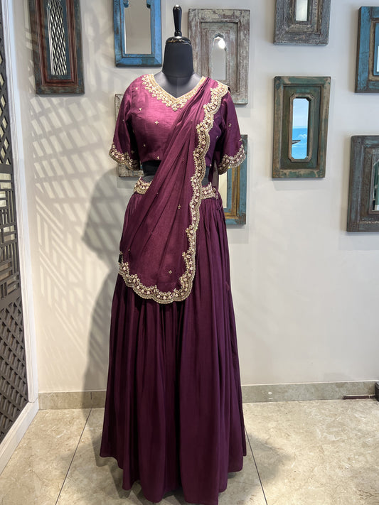 Wine Embellished Work Lehanga