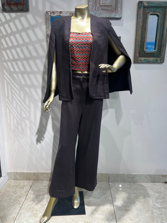 Brown Pant Suit Set with Ajrakh Print Crop Top