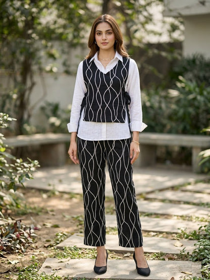 Black Linen Embroidred Co-ord Set with Vest
