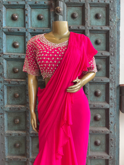 Rani Pink Drape Saree with Pearl Work Blouse
