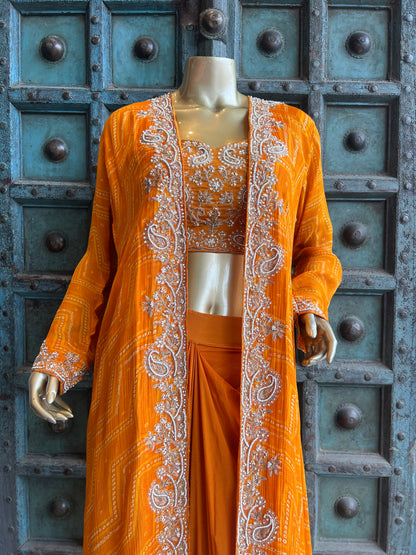 Kesari Pleated Skirt with Hand Work Crop Top and Jacket