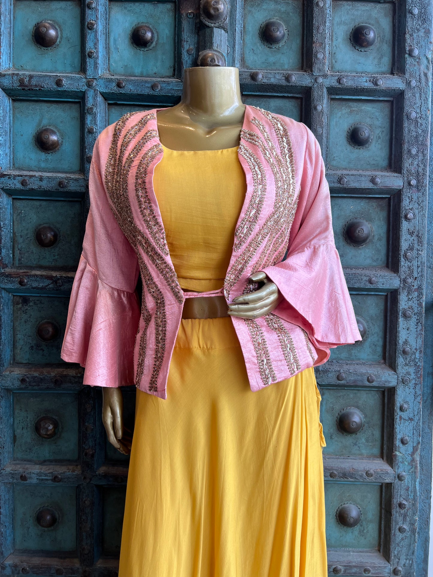 Crepe Skirt and Crop Top with Peach Handwork Jacket