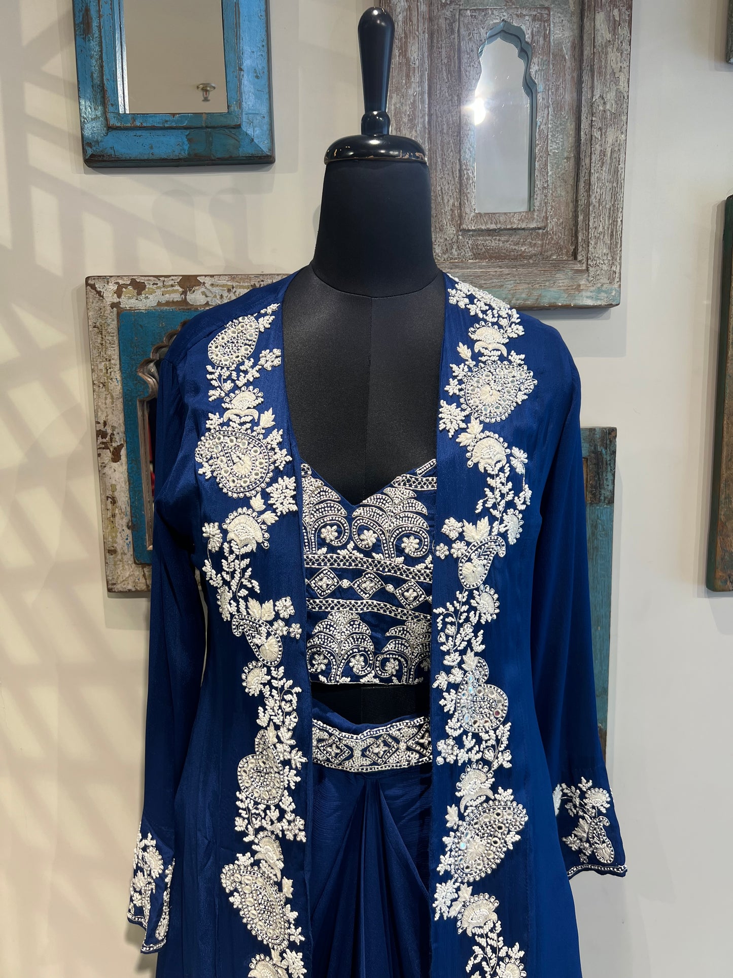 Ink Blue Pleated Skirt with Hand Work Crop Top and Jacket