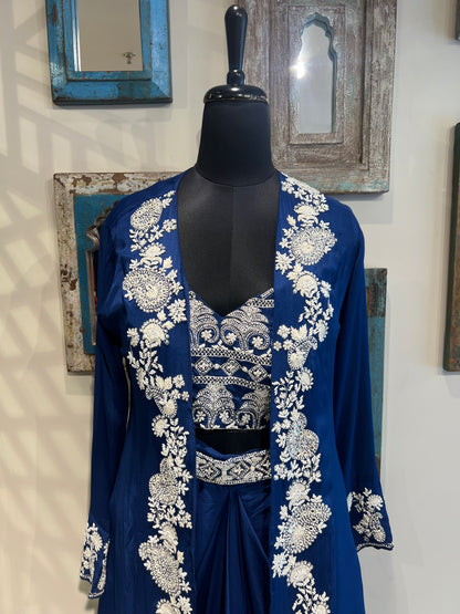 Ink Blue Pleated Skirt with Hand Work Crop Top and Jacket