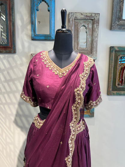Wine Embellished Work Lehanga