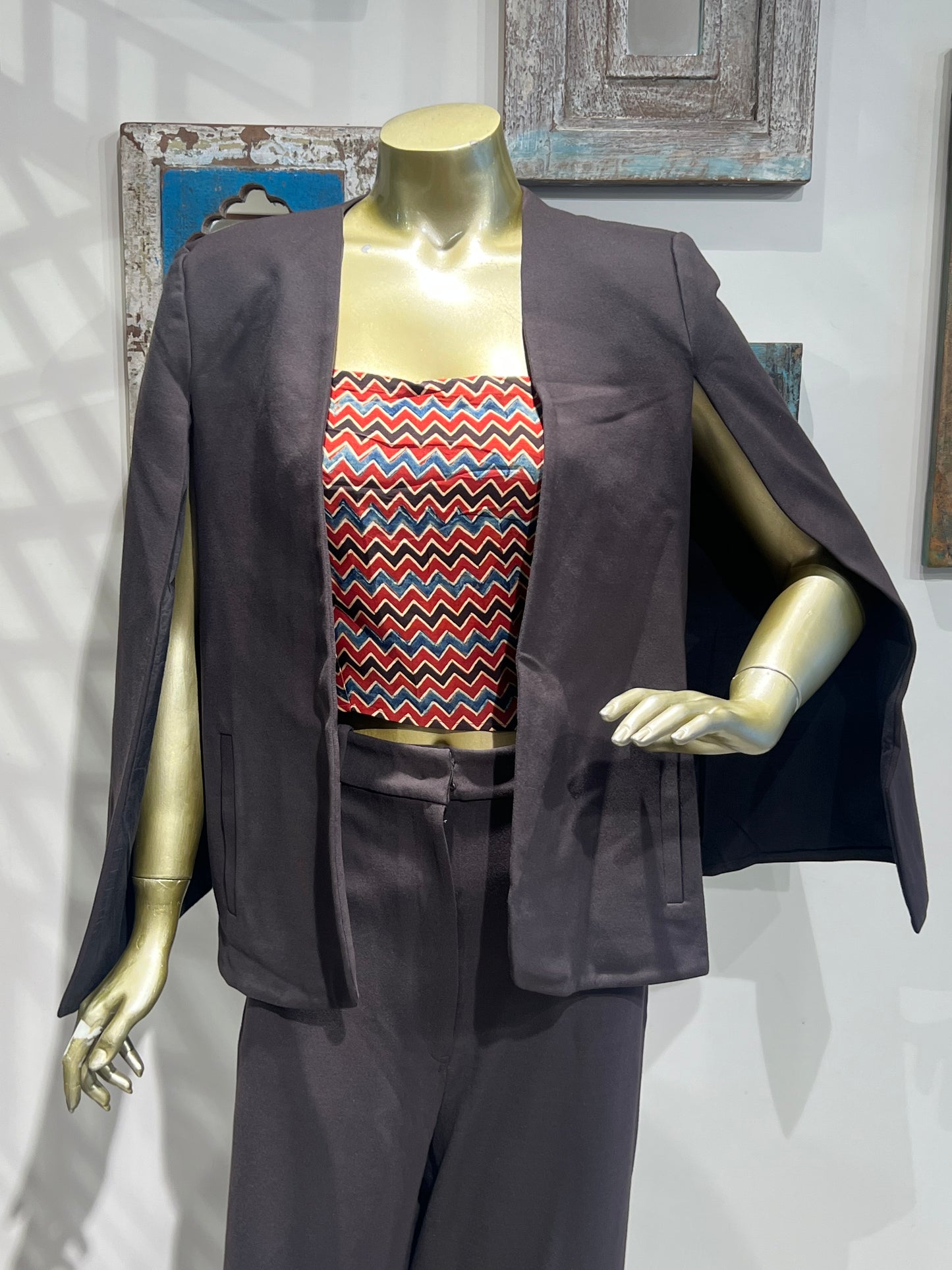 Brown Pant Suit Set with Ajrakh Print Crop Top