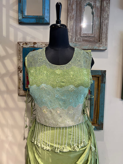 Green Indo Western with Pleated Skirt and Cape