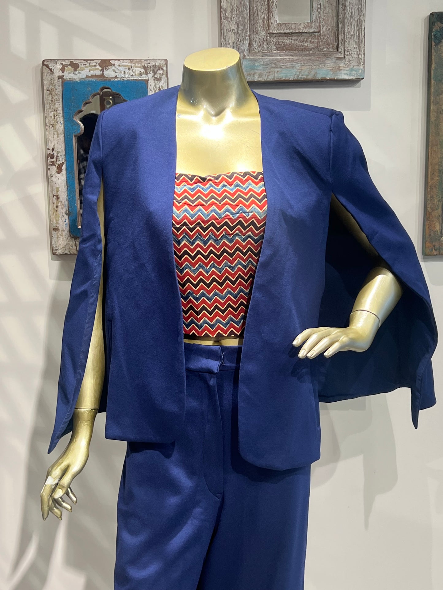 Blue Pant Suit Set with Ajrakh Print Crop Top