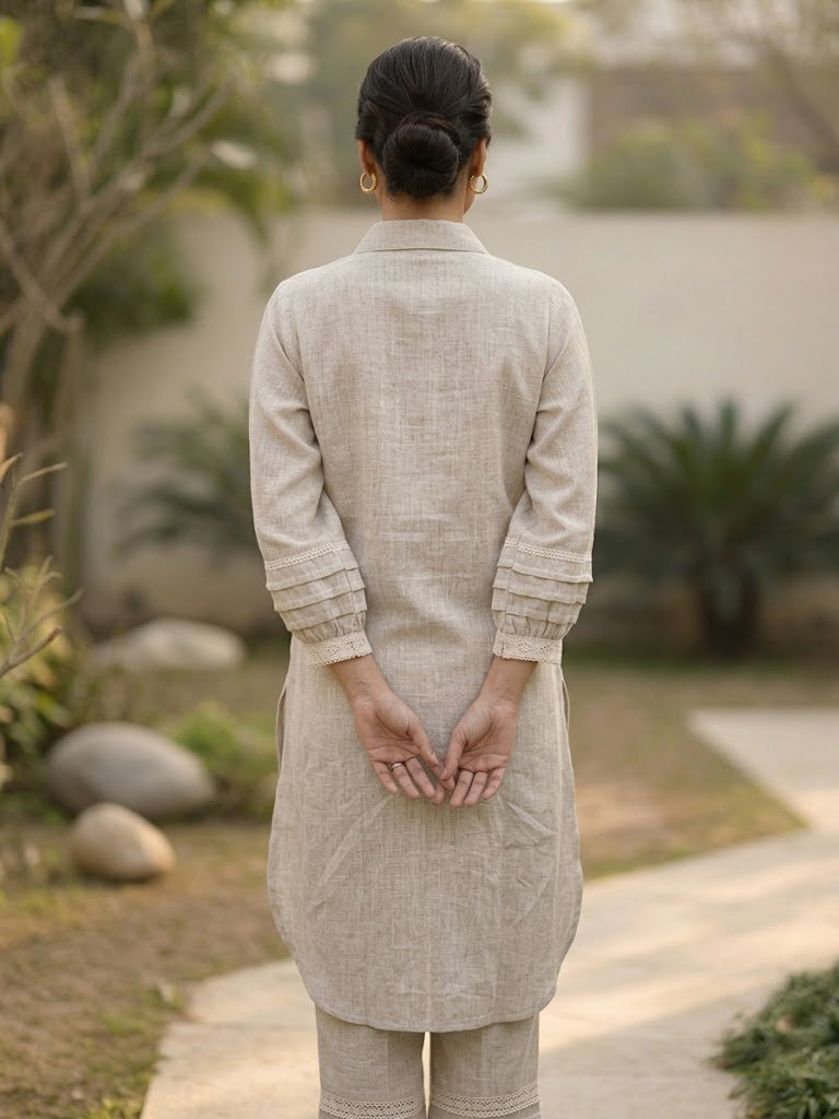 Beige Linen Crotchet Work Co-ord Set