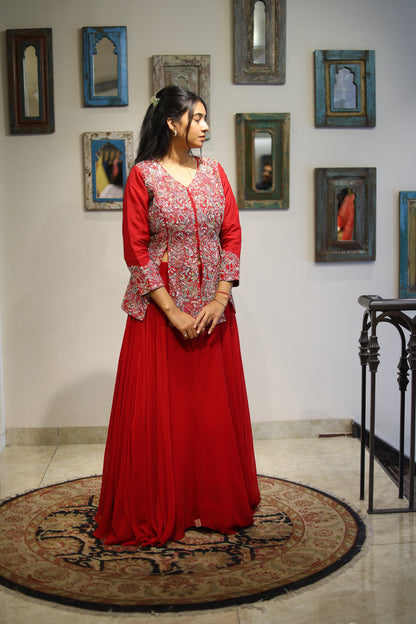 Red Lehanga with Hand Embroidered Jacket