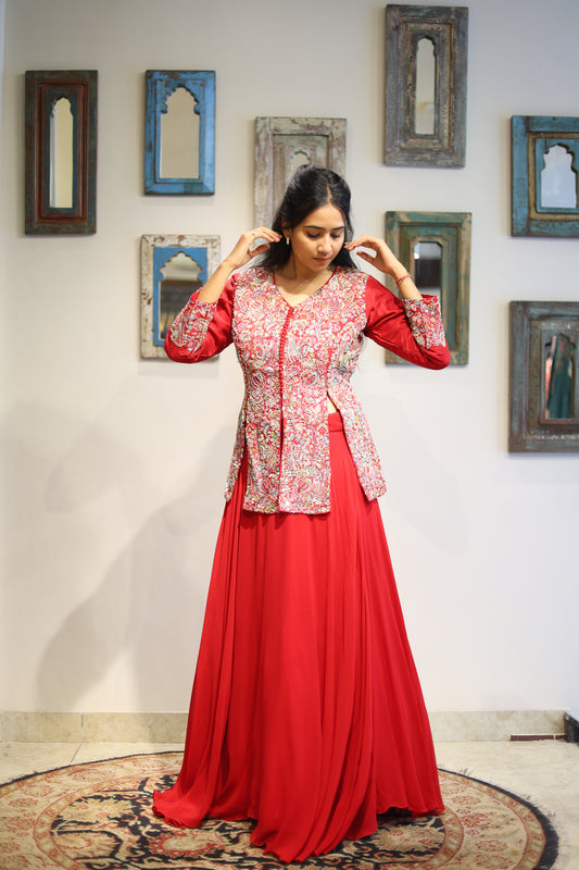 Red Lehanga with Hand Embroidered Jacket