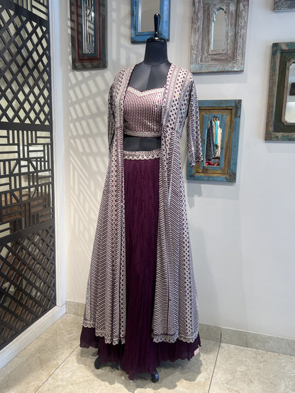 Wine Skirt and Embroidered Jacket Set
