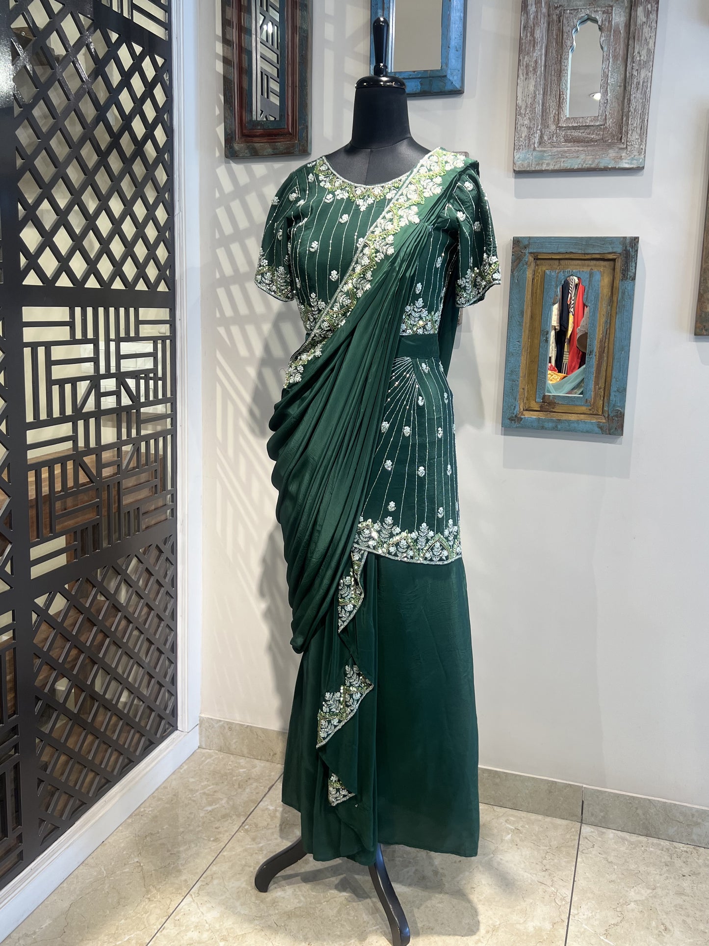 Bottle Green Draped Indo Western