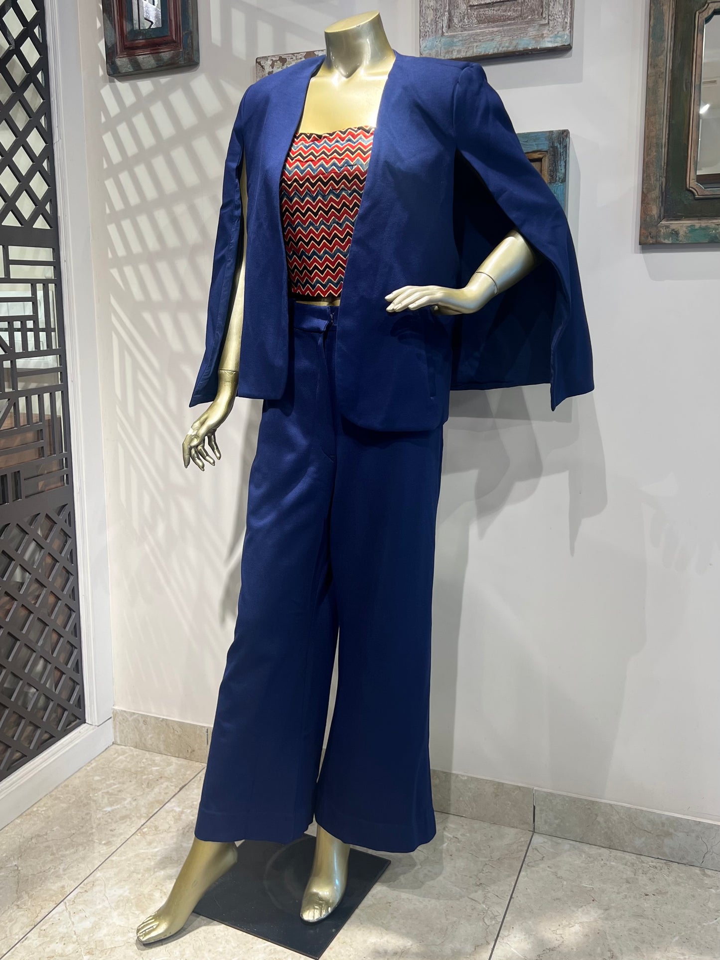 Blue Pant Suit Set with Ajrakh Print Crop Top