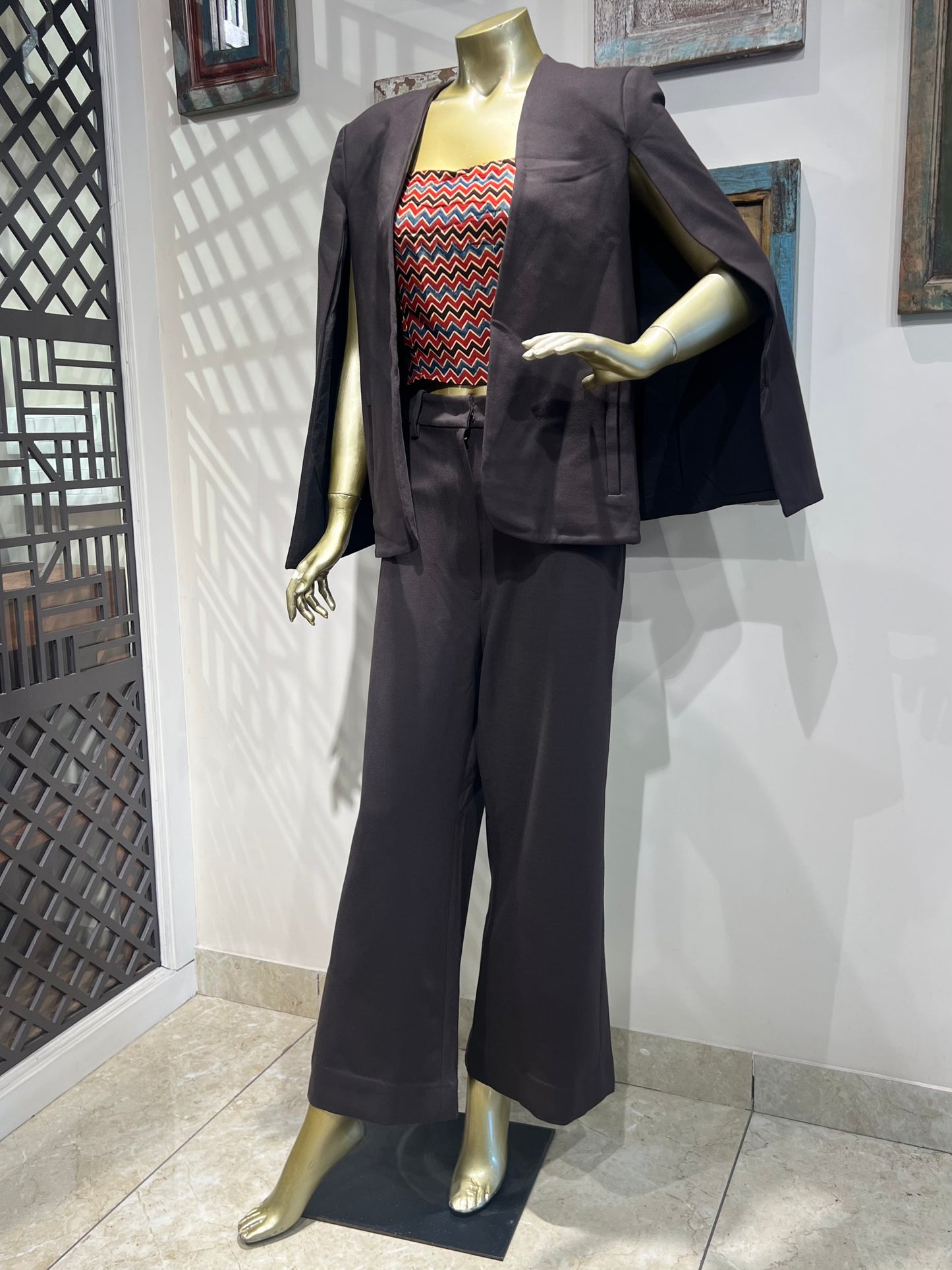 Brown Pant Suit Set with Ajrakh Print Crop Top