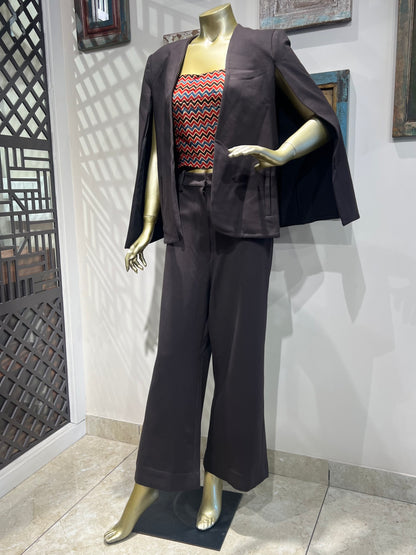 Brown Pant Suit Set with Ajrakh Print Crop Top