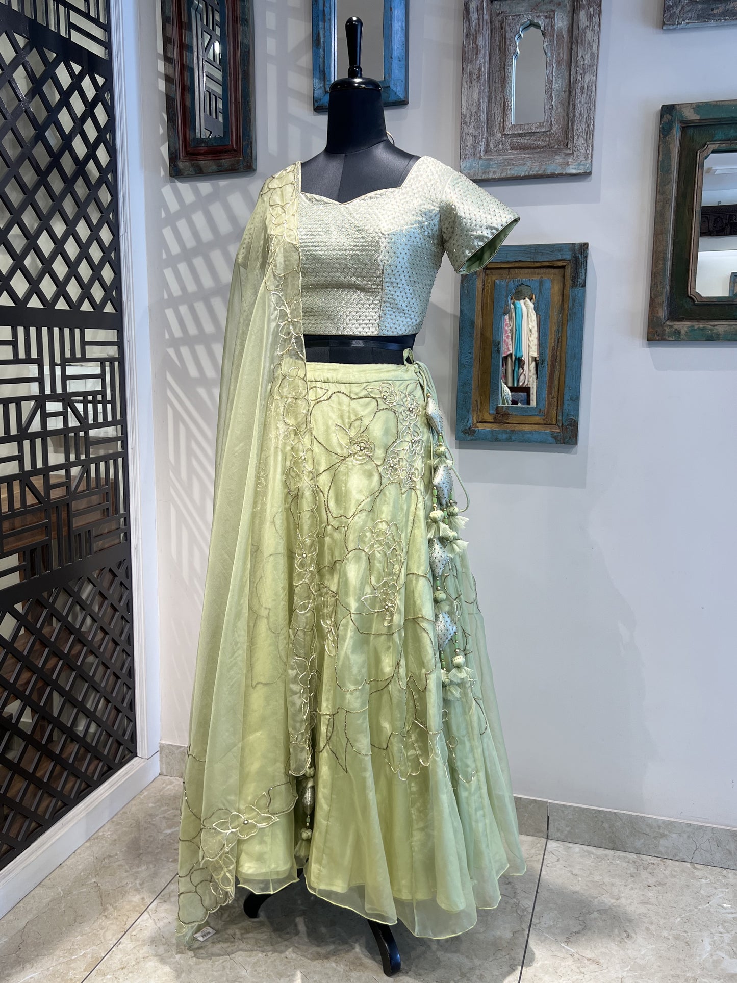 Green Hand Work Lehanga