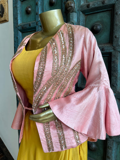 Crepe Skirt and Crop Top with Peach Handwork Jacket