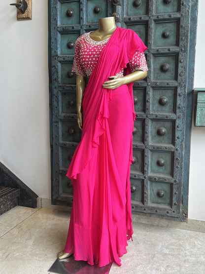 Rani Pink Drape Saree with Pearl Work Blouse