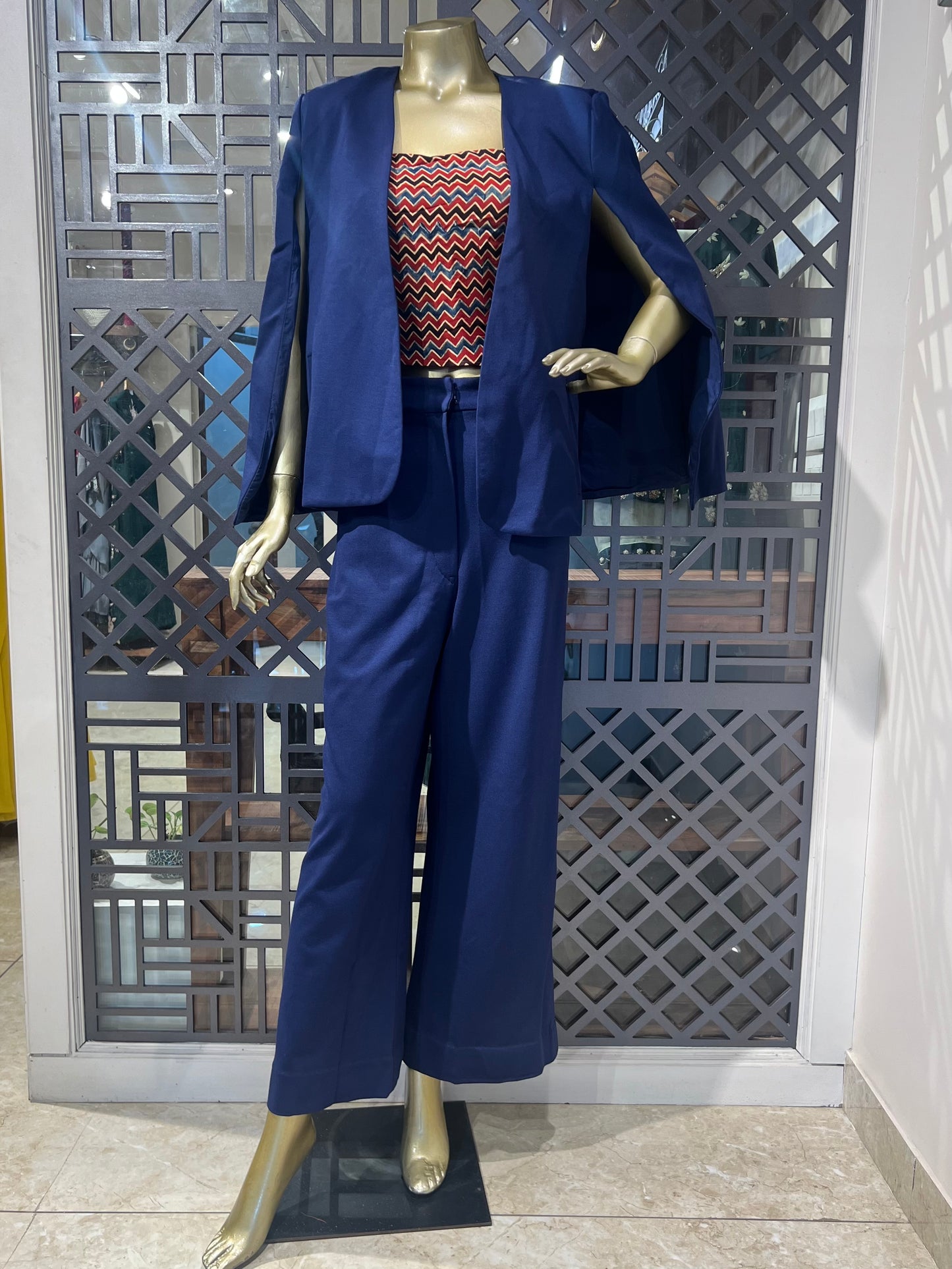 Blue Pant Suit Set with Ajrakh Print Crop Top