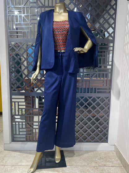 Blue Pant Suit Set with Ajrakh Print Crop Top