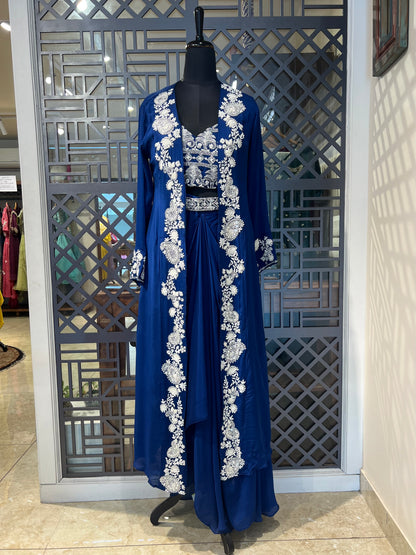 Ink Blue Pleated Skirt with Hand Work Crop Top and Jacket