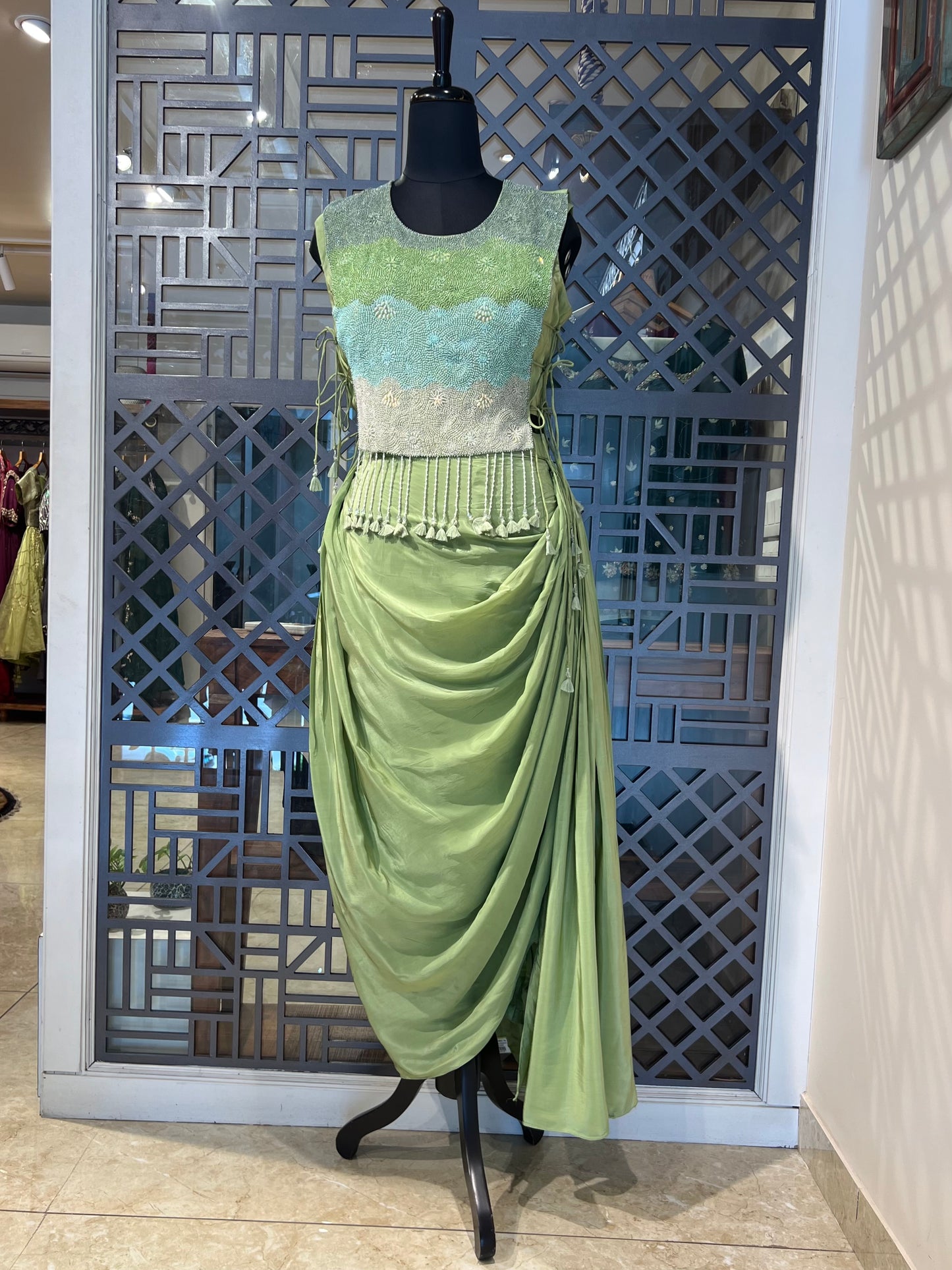 Green Indo Western with Pleated Skirt and Cape