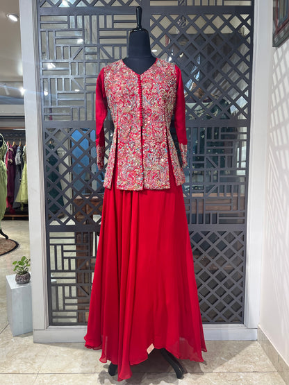 Red Lehanga with Hand Embroidered Jacket